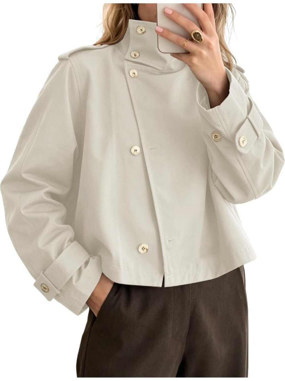 Women’s Beige High Neck Cropped Button Down Windbreaker Jacket Trench Coat